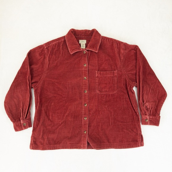 LL Bean Corduroy Button Down Shirt Womens Petite Large Red Long Sleeve Wide Wale - Picture 2 of 8